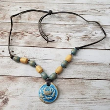 Vintage Necklace Orange & Green Beaded Necklace with Blue Pendant