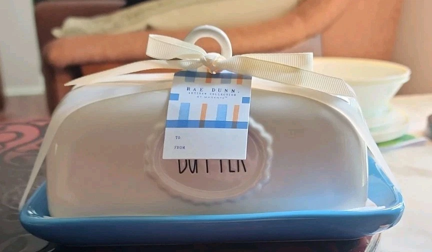 Rae Dunn White Butter Dish With Blue Base. HUGE Artisian Collection By Magenta