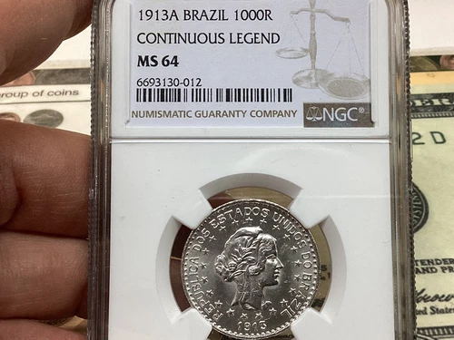 Brazil 1913A 1000 Reis Continuous Legend NGC MS64