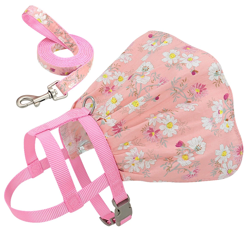 Pink Dog Dress Harness Leash Set Mesh Puppy Vest Skirt with Cute Flower Pattern - Image 3 of 4