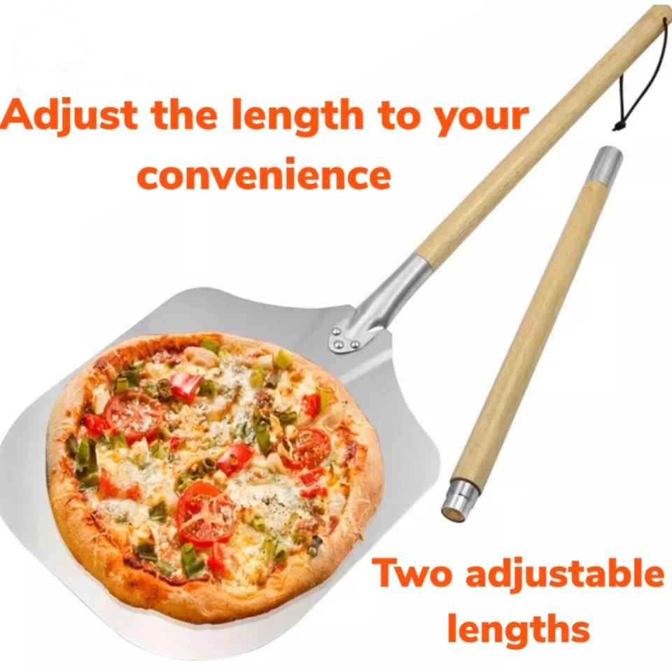 Paleta de pizza extensible de aluminio de 35 pulgadas de largo con mango de madera desmontable Foto 3 de 4