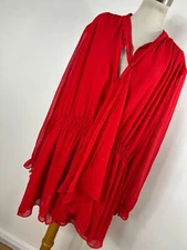 DG2 Diane Gilman 3X Shirt Top Red V Neck Tunic Tie Flowy Long Sleeve Woman B1
