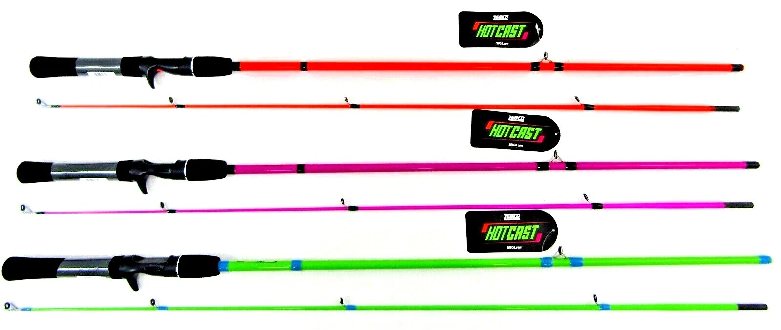 ZEBCO HOT CAST SPLASH 6'6" HOT ORANGE, HOT PINK, HOT CHARTREUSE SET OF 3 RODS
