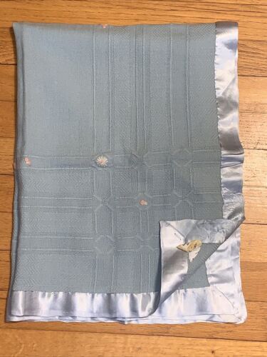 VTG 1948 May Knitting Blue Virgin Wool Embroidered Baby Blanket  - Picture 1 of 11