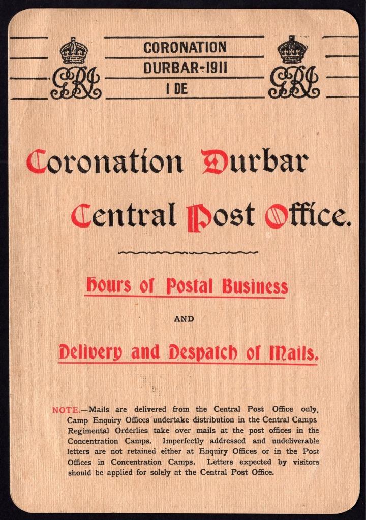 INDIA 1911 Coronation Durbar Post Office Hours of Postal Business Card