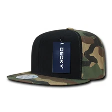 Flat Bill Snapback Cap - Woodland Camo, Black, Cotton Hat (Decky 1049-WBW, New)