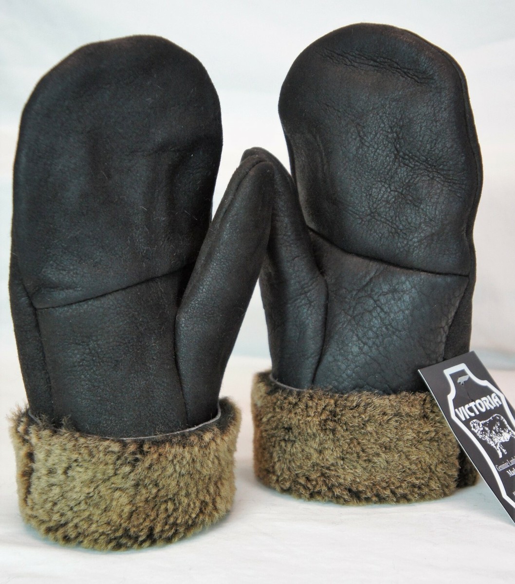 REAL GENUINE SHEEPSKIN SHEARLING LEATHER MITTENS UNISEX BROWN