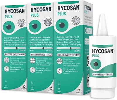 3x Hycosan Plus Preservative Free Eye Drops - Dry Eye Soothing Relief 7.5ml