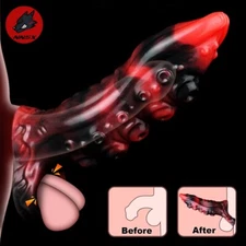 NNSX Penis Sleeve Black Dragon Textured Sheath Reusable Condom Enlarger-Enhancer