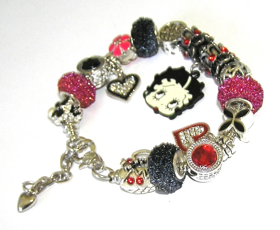 Pulsera Betty Boop con cuentas y dijes europeos rojos y negros, cristales, mini cartera Foto 4 de 4