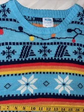Aldi Gear Sweater Mens Large Aqua Blue Ugly Christmas Lights Snowflakes Holiday