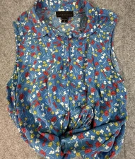 Floral Button Front Blue Sleeveless Top Retro Women’s Size Large