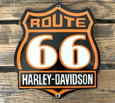 VINTAGE ROUTE 66 HARLEY-DAVIDSON MOTORCYCLES HIGHWAY PORCELAIN GASOLINE SIGN