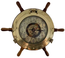 Porthole Ships Wheel Wood & Brass Wall Clock Quartz 18" Vintage MCM Nautical