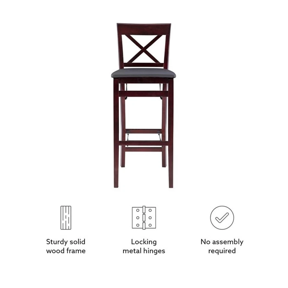 Linon Triena X-Back Folding 30" Bar Stool Brown Faux Leather Seat in Merlot Wood - Image 4 of 4