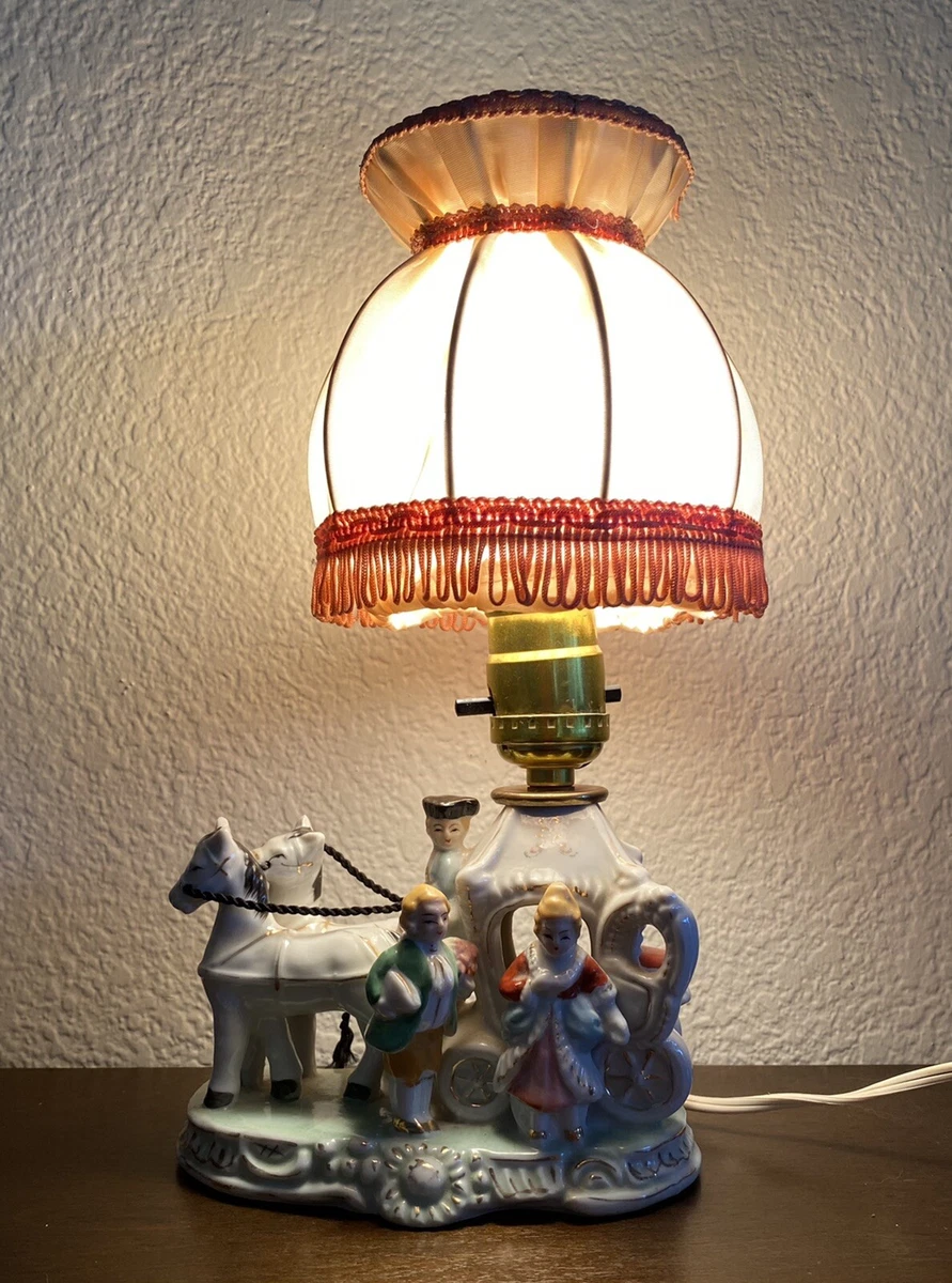 Vintage Schor Parcraft Victorian Horse Carriage LAMP Porcelain JAPAN it WORKS