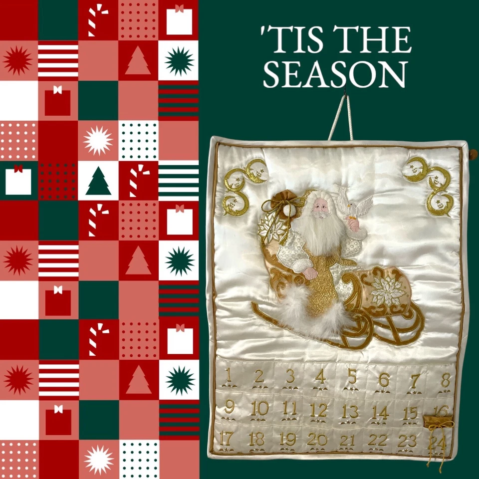 CALENDARIO CUENTA REGRESIVA TRINEO SANTA SATINADO VINTAGE NAVIDAD ADVIENTO ORO BLANCO Foto 2 de 4