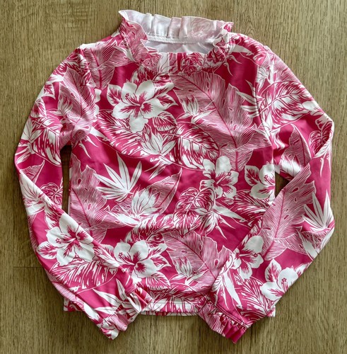 Janie &Jack Tropical Pink Palm Rashguard Swimsuit Top Girls 6 UPF 50+ Ruffles - Picture 1 of 4