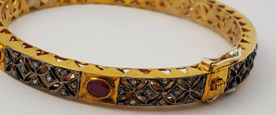 VINTAGE - Polki Bracelet Gold Vermeil/925 Sterling Silver with Diamonds & Rubies - Image 3 of 4