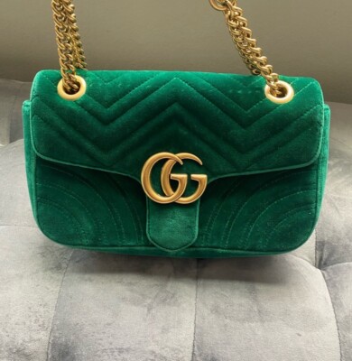 100% Authentic GUCCI GG Marmont Velvet Shoulder Bag Emerald Green rare  color