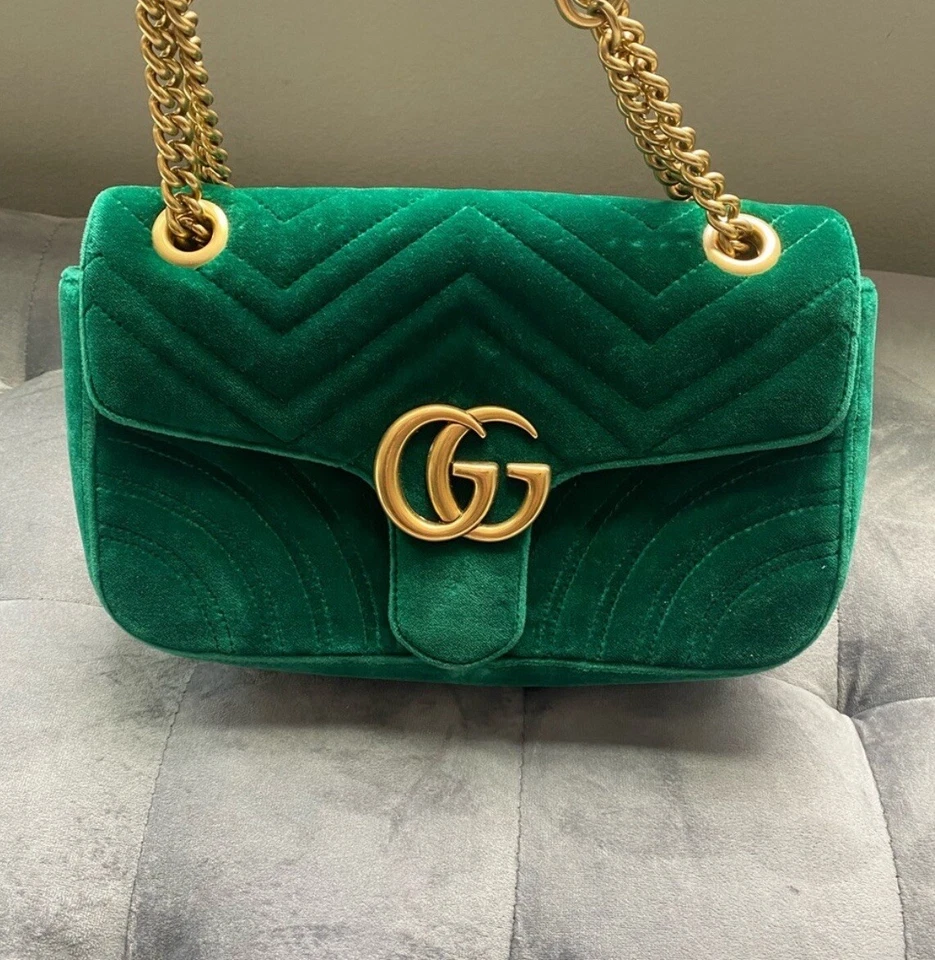 Bolsa de ombro 100% autêntica GUCCI GG Marmont veludo verde esmeralda cor rara