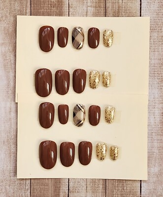 Custom Press On Handmade Gel Nails Brown Gold Plaid Accent Oval Short 20 Tips 