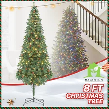 8FT Pine Artificial Christmas Tree Colorful Holiday Décor w/Warm Light LED Green