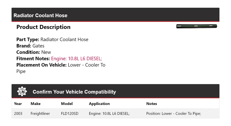 For 2003 Freightliner FLD120SD Radiator Coolant Hose Gates - Image 2 of 4