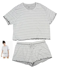 Jenni Intimates Striped Seersucker Lettuce Edge 2-Piece Shorts Pajama Set NWT