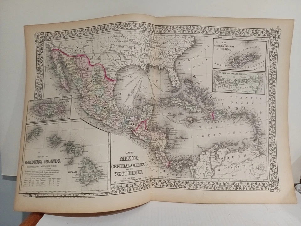 Auténtico mapa del condado de Mitchell's Atlas de 1873 de México América Central Indias Occidentales Foto 2 de 4