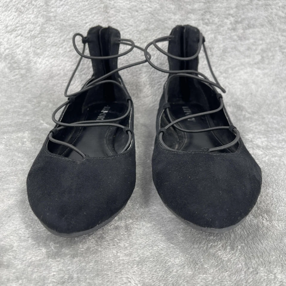 Report Ballet Shoes Women Size 8.5 Black Suede Lace Up Preppy Flats Pointed Toe - Image 2 of 4