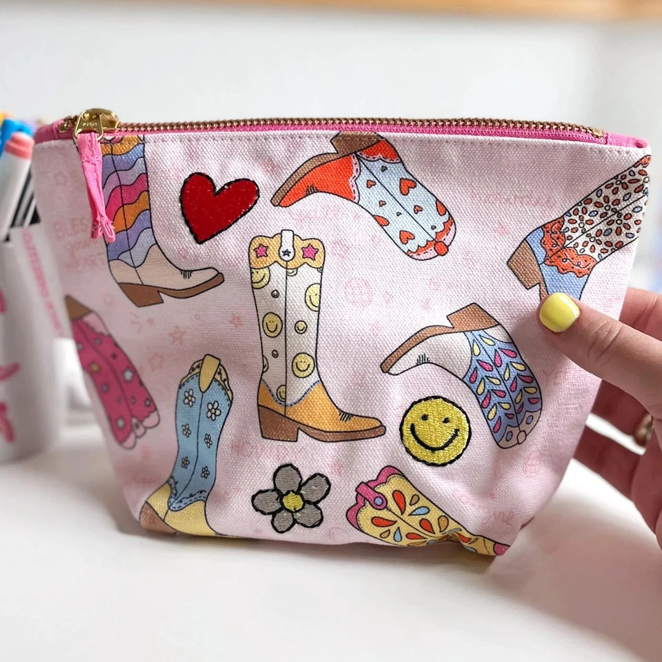 Botas vaqueras occidentales rosa lona maquillaje cartera mini viaje cosmético bolsa cremallera Foto 2 de 2