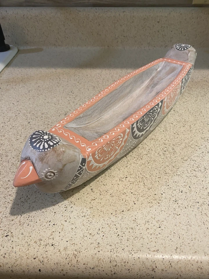 Bandeja de madera bohemia ecléctica pintada a mano cuenco de baratija con pájaros pintados Foto 2 de 4