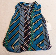 Cabi Women's Classic Sleeveless V-Neck Ascot Blouse Top AP2 Blue/ Green Medium