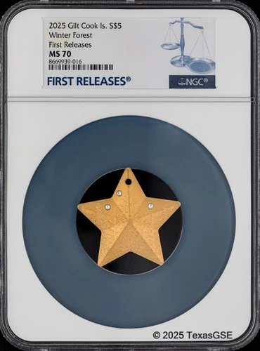 2025 Cook Islands Gilt Silver 1oz $5 Winter Forest Ornament NGC MS70 1st Release