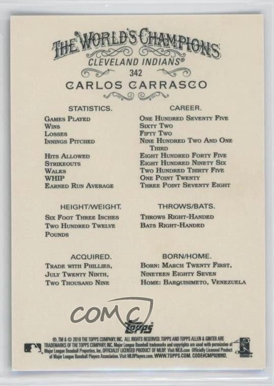 2018 Topps Allen & Ginter's X SP Carlos Carrasco #342 - Image 2 of 2