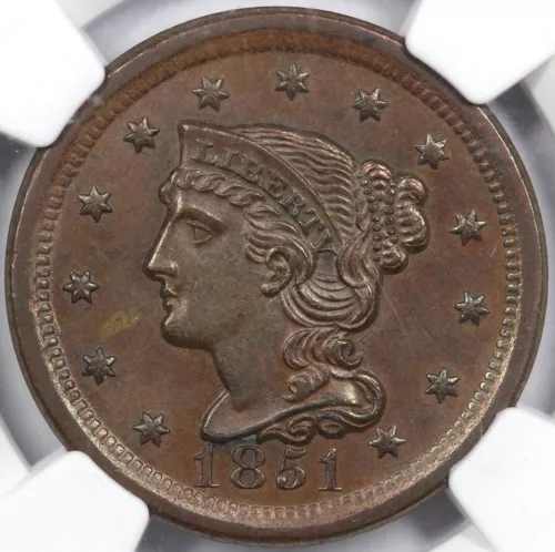 1851 1c N-16 Braided Hair Large Cent NGC MS 64 BN
