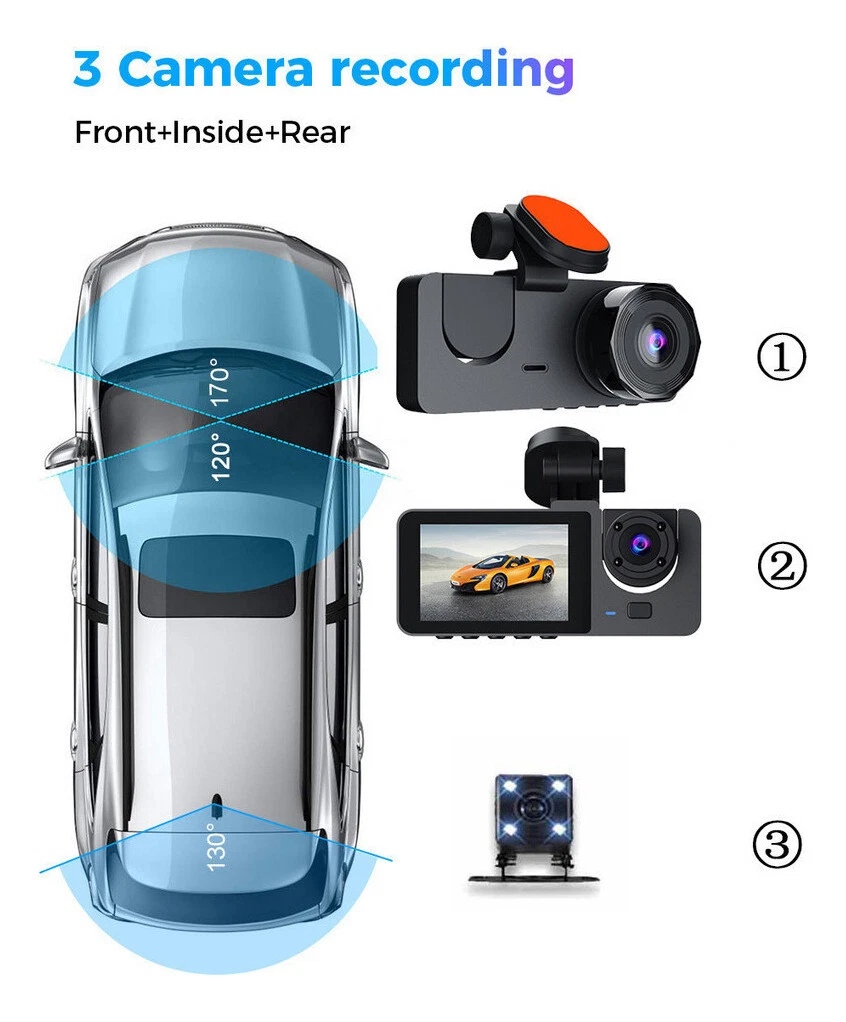 Triple lens driving recorder HD night vision surveillance dual camera - Picture 5 of 9