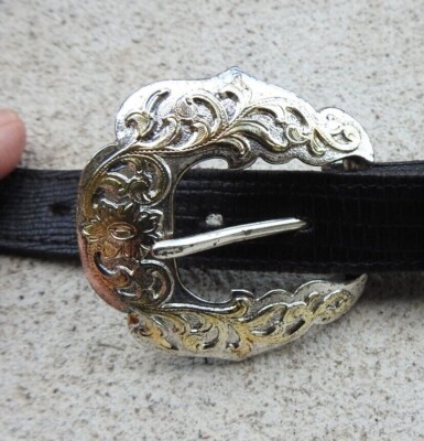 Black Lizard Grain Belt USA Cowhide Silver & Gold Buckle Sz 34 Western Cowgirl PGA Tour Men main image 4