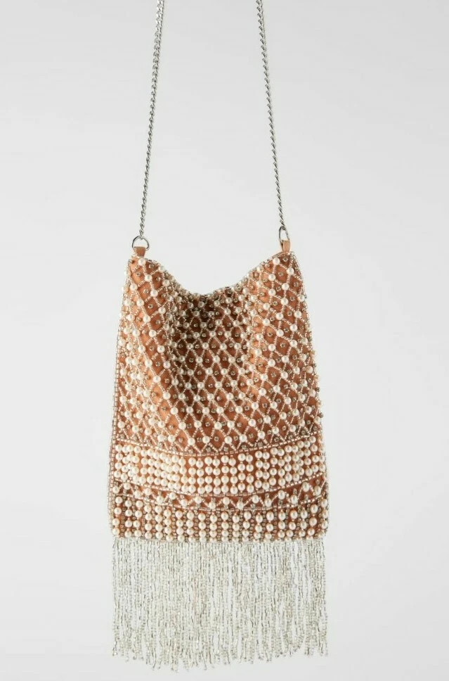 Zara Boho beaded Crystal Pearl Tassle Fringe Crossbody Bag Bnwt