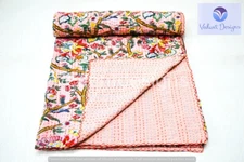 Handmade Floral Kantha Embroidery Queen/Double Blanket Throw Indian Bedspread