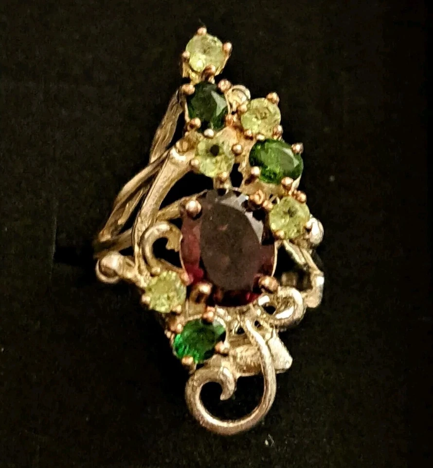 925Silber Ring gr7,5/Edelstein echt,Granat,Peridot CromDiop14k weiß Vergoldung . - Bild 4 von 4