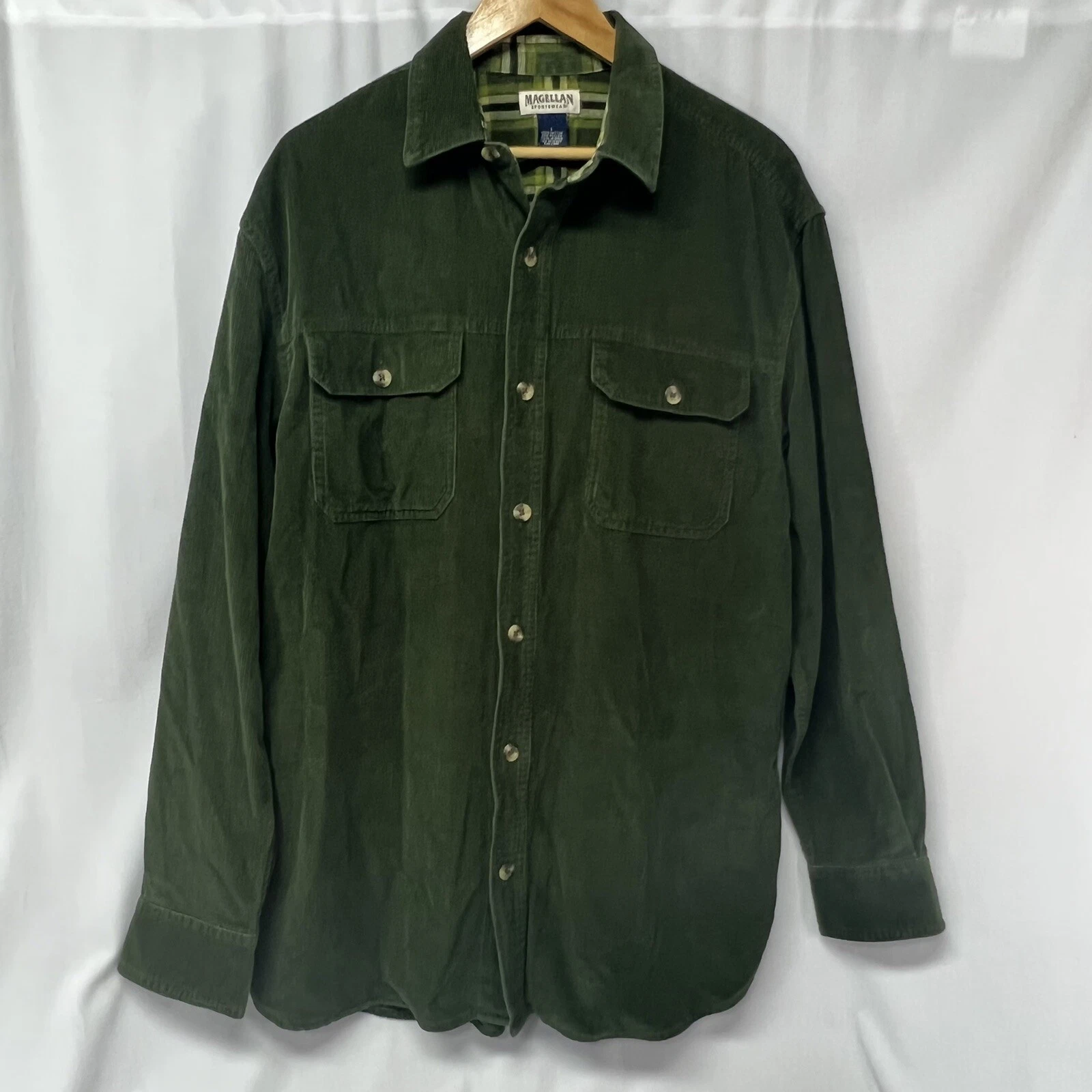 Magellan Sportswear Shirt Men's Size Large Corduroy Button Up Flap Pockets Green