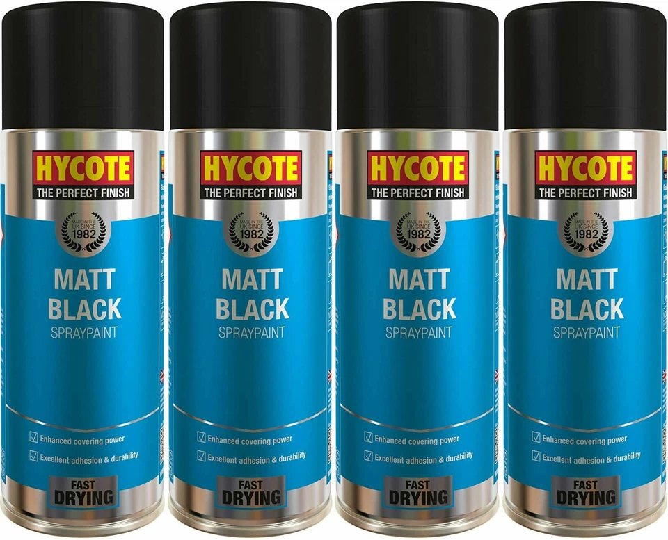 Hycote Matt Black Fast Drying Aerosol Spray Paint Car Body Metal 400ML x 4