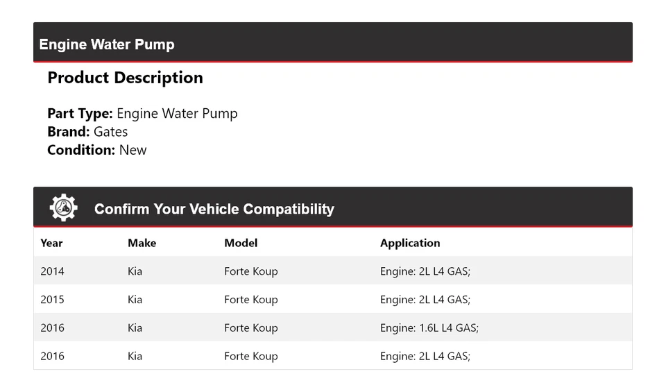 Puertas de bomba de agua para motor Kia Forte Koup 2014-2016 2015 Foto 2 de 4