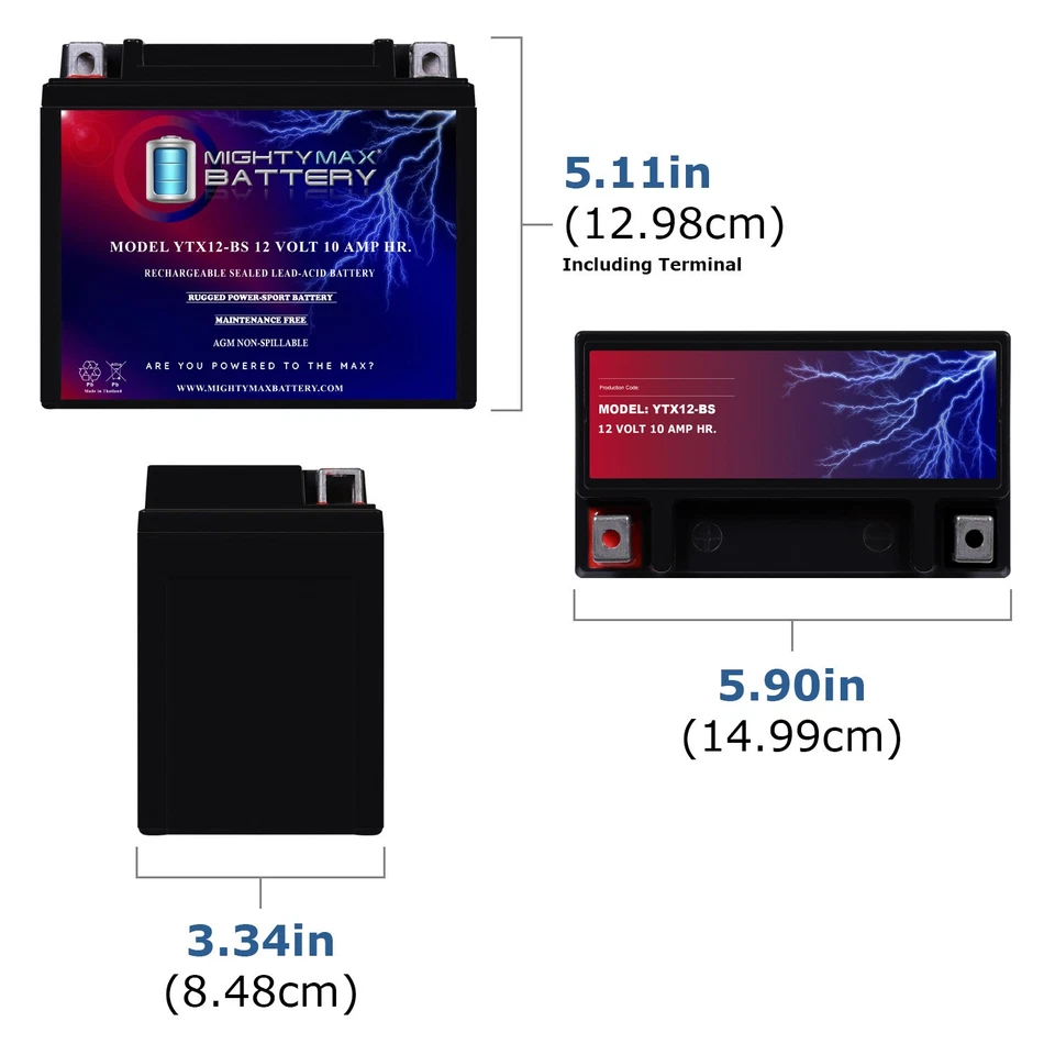 Bateria de substituição Mighty Max YTX12-BS 12V 10AH para Honda TRX350 Rancher 00-06 - Imagem 2 de 4