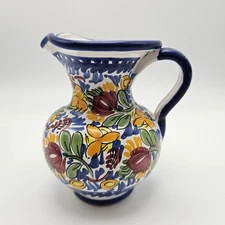 Hand Painted Ceramic Pitcher Floral Blue Yellow Red White  Decor Accent Vase