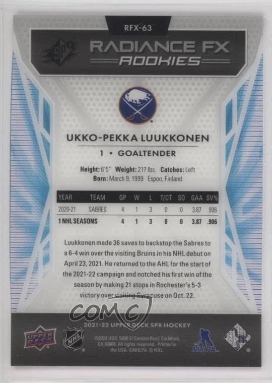 2021-22 SPx Radiance F/X Ukko-Pekka Luukkonen #RFX-63 Rookie RC - Image 2 of 2