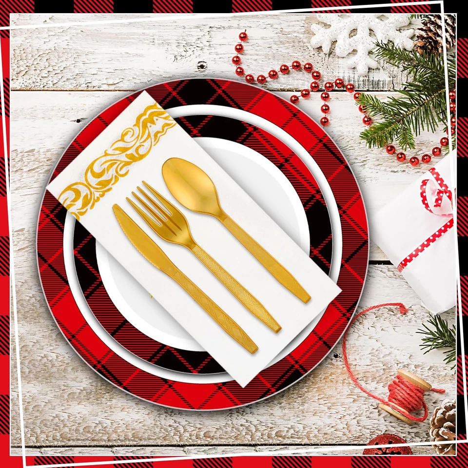 Juego de 350 platos de plástico navideño desechables de vajilla de plástico navideño... Foto 3 de 4