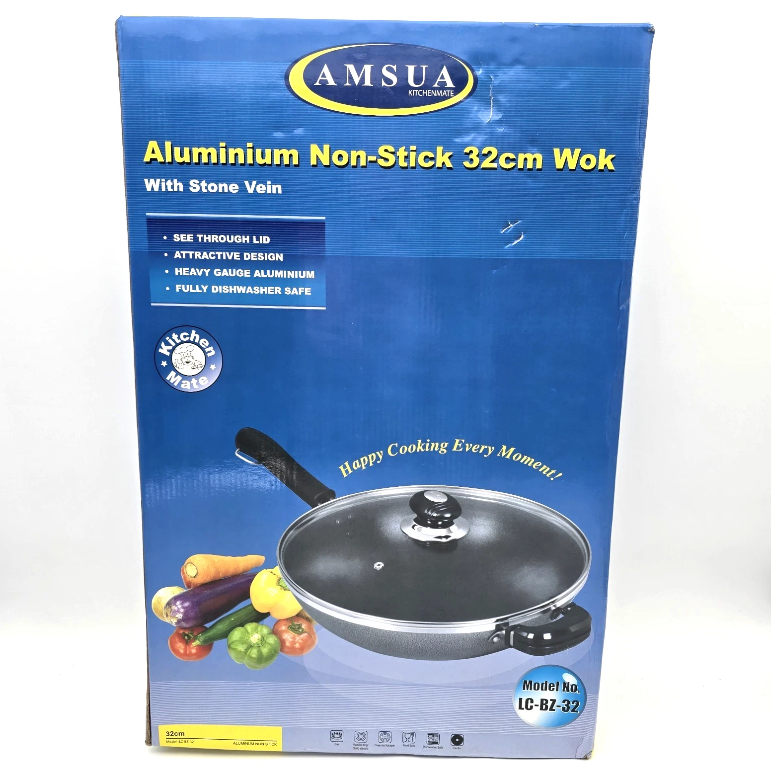 Aluminium Non-Stick 32cm Wok with Lid Long Handle Dishwasher Safe
